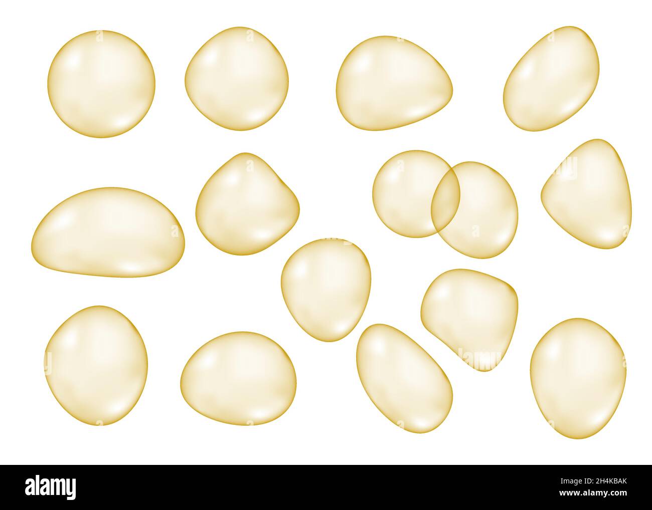 Set von realistischen transparenten glänzenden Goldblasen isoliert auf weißem Hintergrund. Goldene Kugel. Vektorstruktur. Stock Vektor