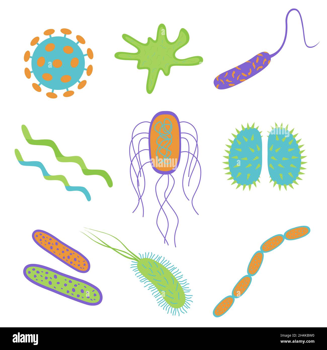 Flache Cartoon-Design Keime und Bakterien Symbole isoliert auf weißem Hintergrund gesetzt. Form der Bakterienzelle. Vektordarstellung von Mikroorganismen. Stock Vektor