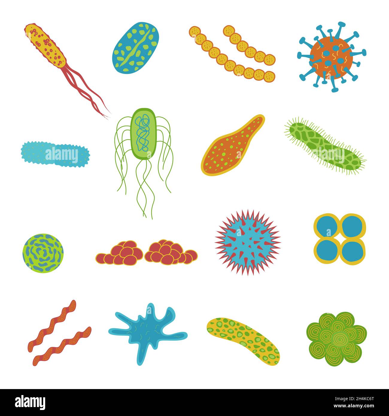 Auf weißem Hintergrund isolierte Viren- und Bakteriensymbole. Mikrobiom im flachen Cartoon-Stil. Vektordarstellung von Mikroorganismen. Stock Vektor