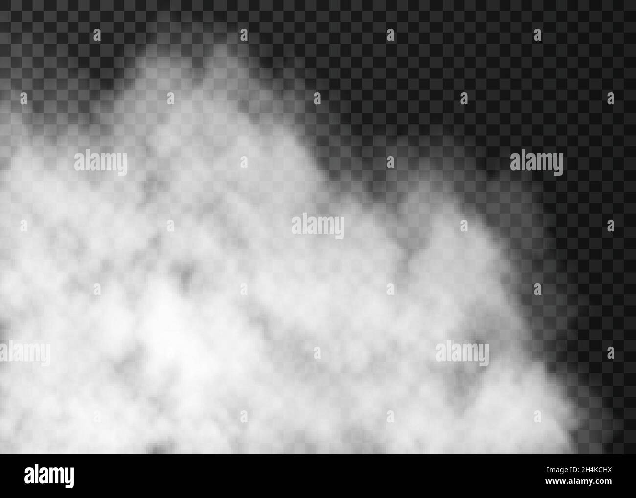 Weißer transparenter Nebel isoliert auf dunklem Hintergrund. Spezialeffekt „Nebel“. Realistische Vektor Feuer Rauch oder Dampf Textur . Stock Vektor