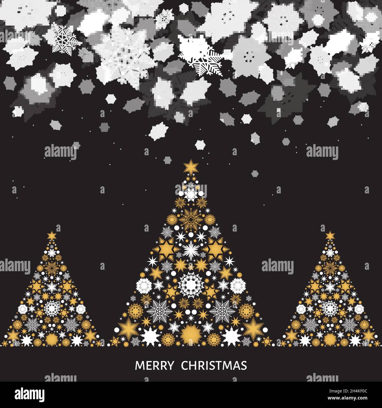 Weihnachten und Neujahr Landschaft. Weihnachtsbaum mit goldenen und weißen Schneeflocken. Schneefall. Vektor Winter Illustration für Grußkarte oder Party-Einladung Stock Vektor