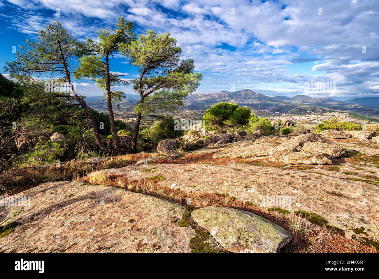 Granitfelsen, Kiefern, Wolken und die Figtree Hills im Hintergrund in Cadalso de los Vidrios. Madrid. Spanien. Europa. Stockfoto