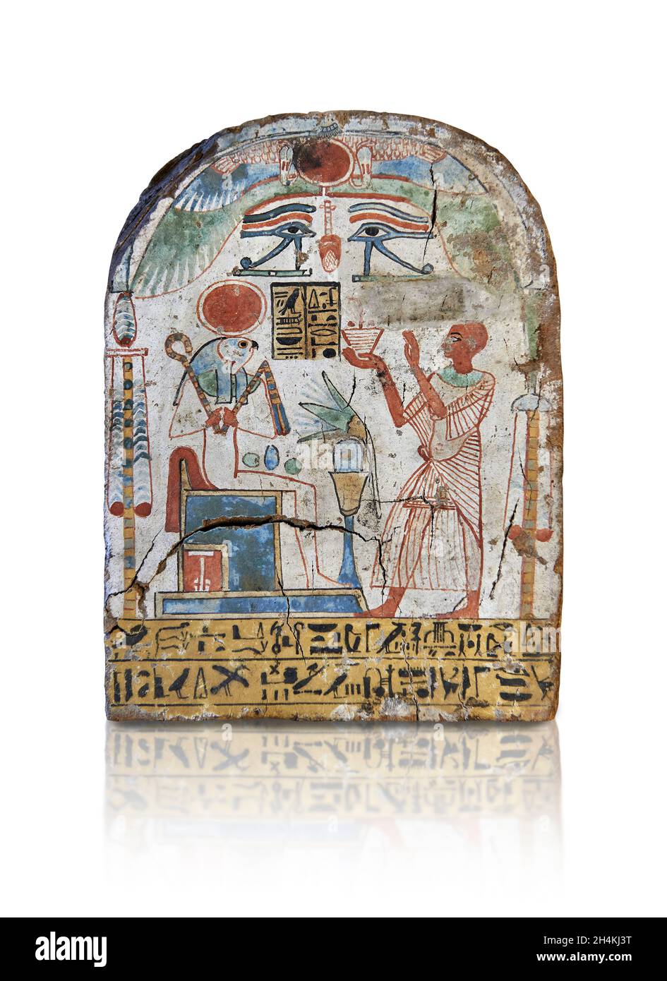 Alte ägyptische Stele des Priesters Renpetma Anbetung Re Horakhty, 994-735 v. Chr. 22 Dynastie, bemaltes Holz . Louvre Museum E 5789. Stockfoto