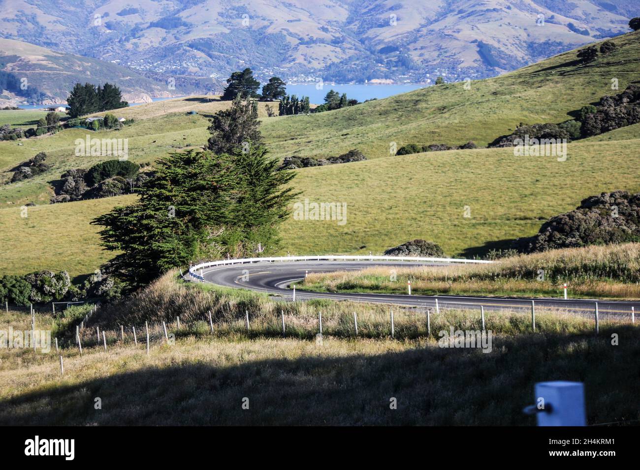 Kurvenreiche Straße, Banks Peninsula, Region Canterbury, Südinsel, Neuseeland. Stockfoto