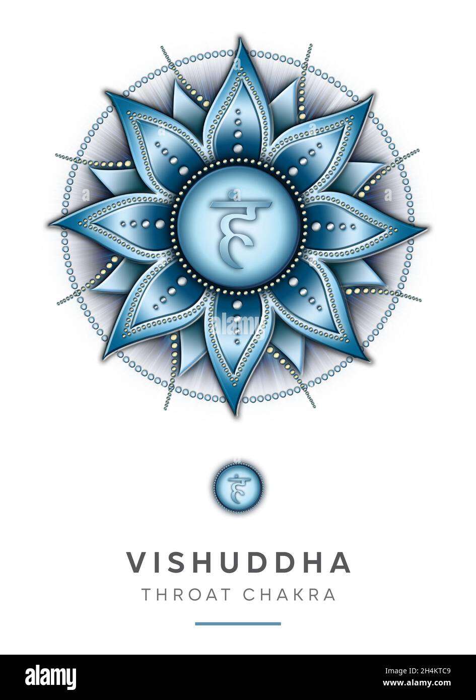Chakra-Symbole, Kehle Chakra - VISHUDDHA - Kommunikation, Ausdruck, Kreativität, Inspiration - 'Ich REDE' Stockfoto