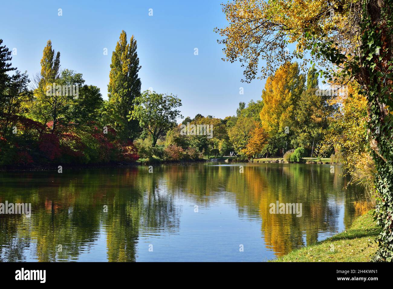 Wasserpark Floridsdorf in Wien, Österreich an einem sonnigen Herbsttag Stockfoto