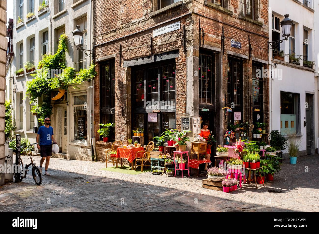 Antwerpen, Belgien. Kleiner, lokaler Blumenladen in Antwerpen in einem mittelalterlichen Gebäude. Stockfoto