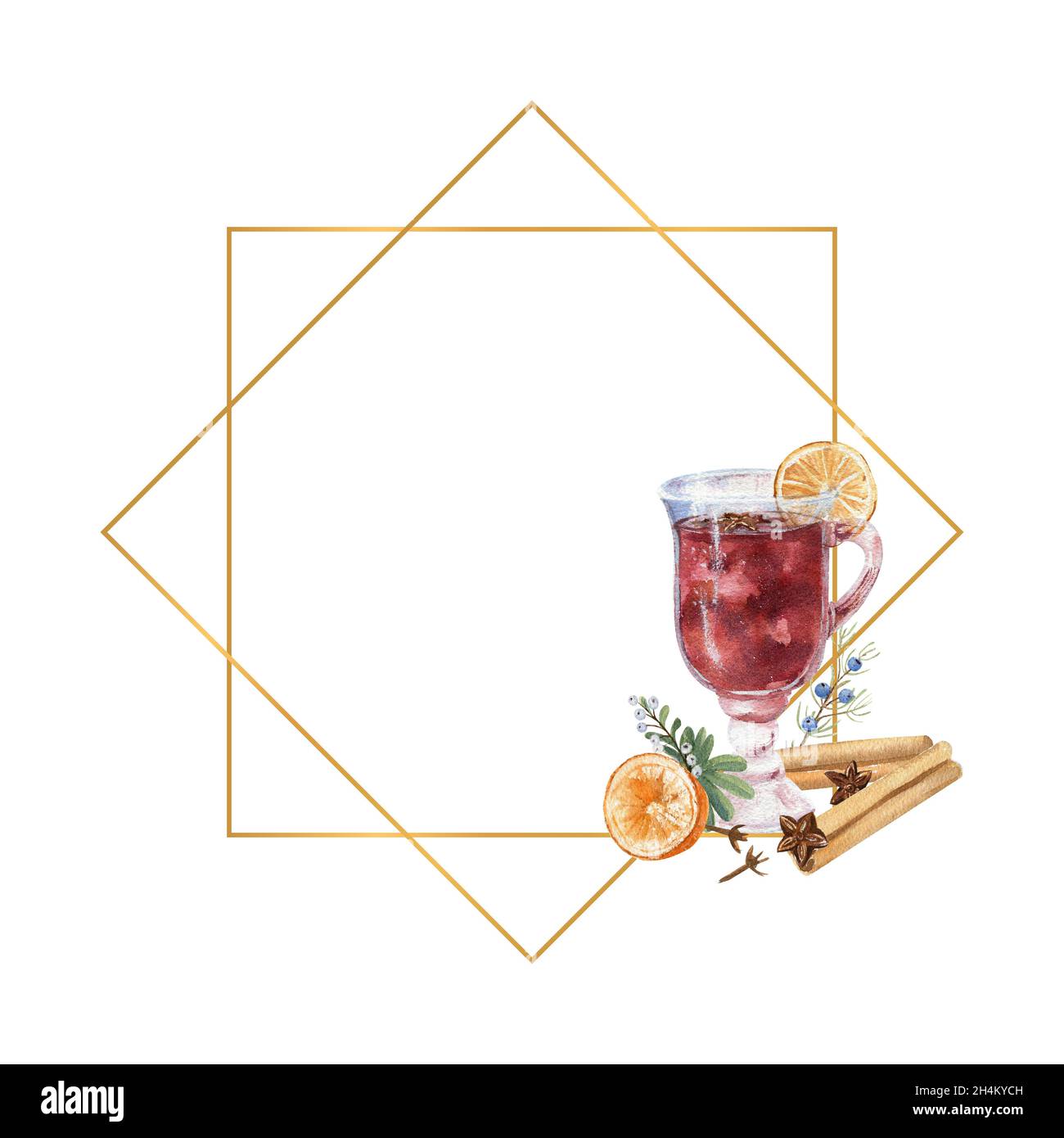 Geometrischer Goldrahmen mit Aquarell ein Glas Glühwein, Zitrone und Winterkor Stockfoto
