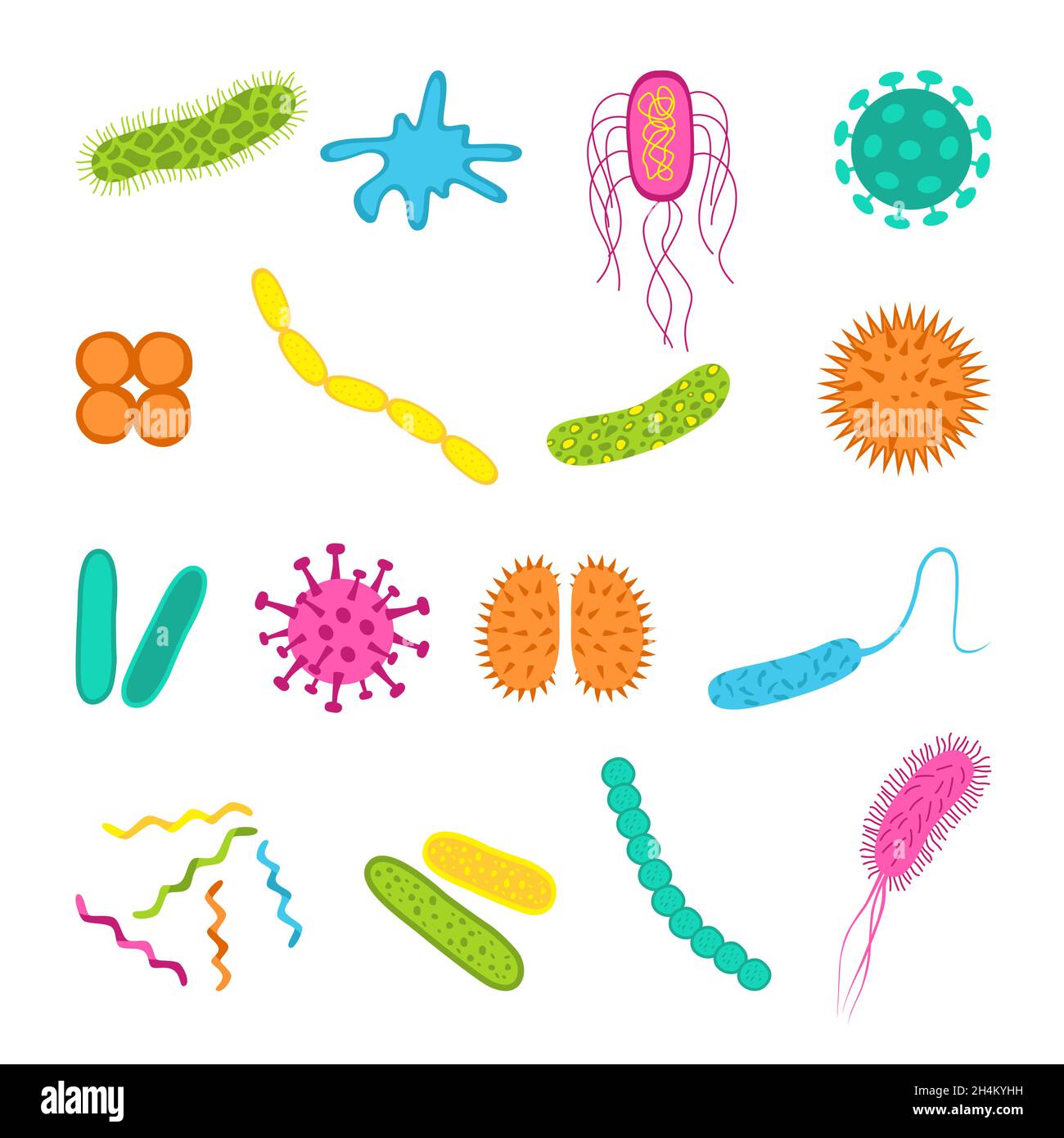 Symbole für Keime und Bakterien werden isoliert auf weißem Hintergrund gesetzt. Form der Bakterienzelle: cocci, Bazillen, Spirilla. Vektorgrafik im flachen Stil. Stock Vektor