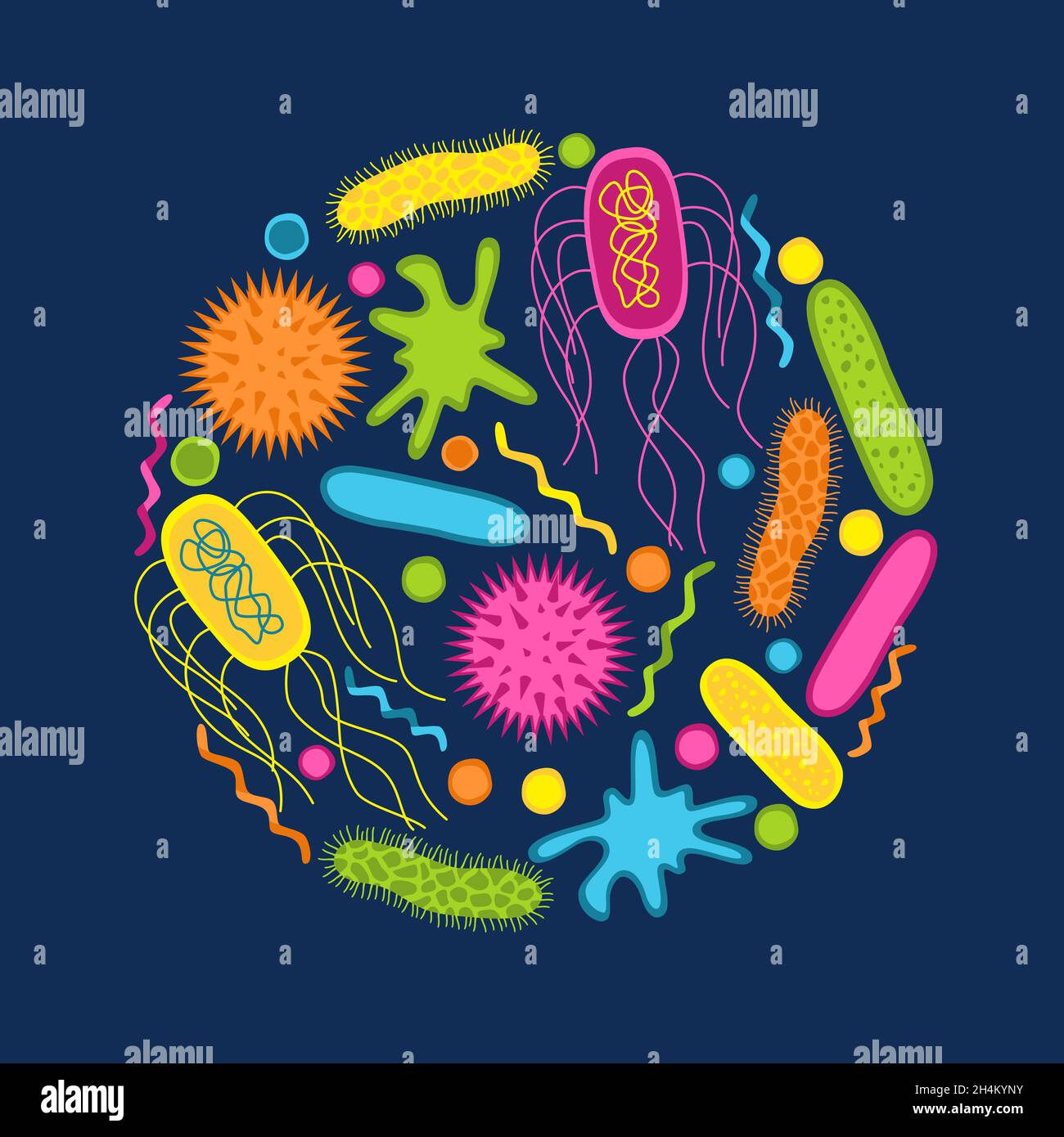 Bunte Symbole für Keime und Bakterien werden isoliert auf blauem Hintergrund gesetzt. Form der Bakterienzelle: cocci, Bazillen, Spirilla. Vektorgrafik. Stock Vektor