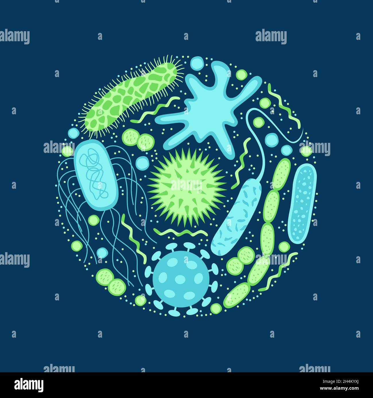 Symbole für Viren und Bakterien werden isoliert auf blauen Hintergrund gesetzt. Form der Bakterienzelle: cocci, Bazillen, Spirilla. Vektorgrafik. Stock Vektor