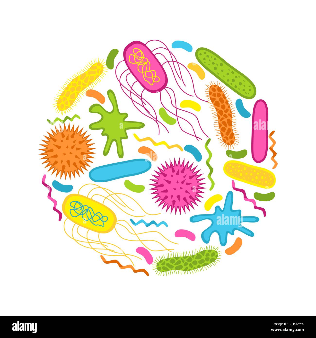 Viren und Bakterien auf weißem Hintergrund isoliert. Form der Bakterienzelle: cocci, Bazillen, Spirilla. Vektorgrafik im flachen Stil. Stock Vektor