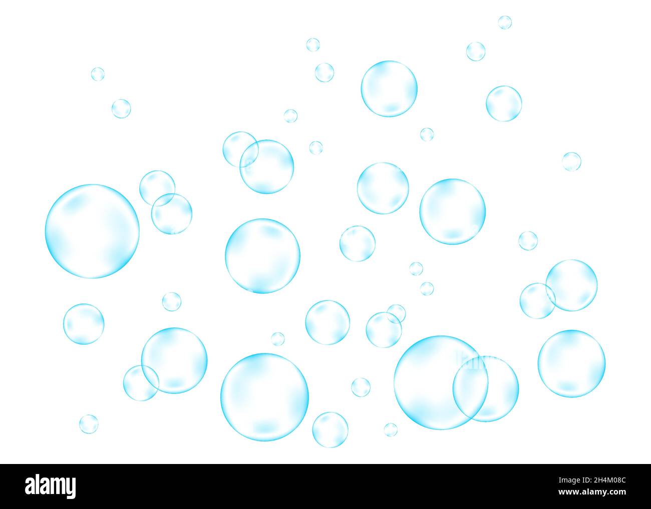Blaue Luftblasen auf weißem Hintergrund. Sauerstoff in Wasser, Meer, Aquarium. Sodapop. Kohlensäurehaltiges Getränk. Vektorstruktur unter Wasser. Stock Vektor