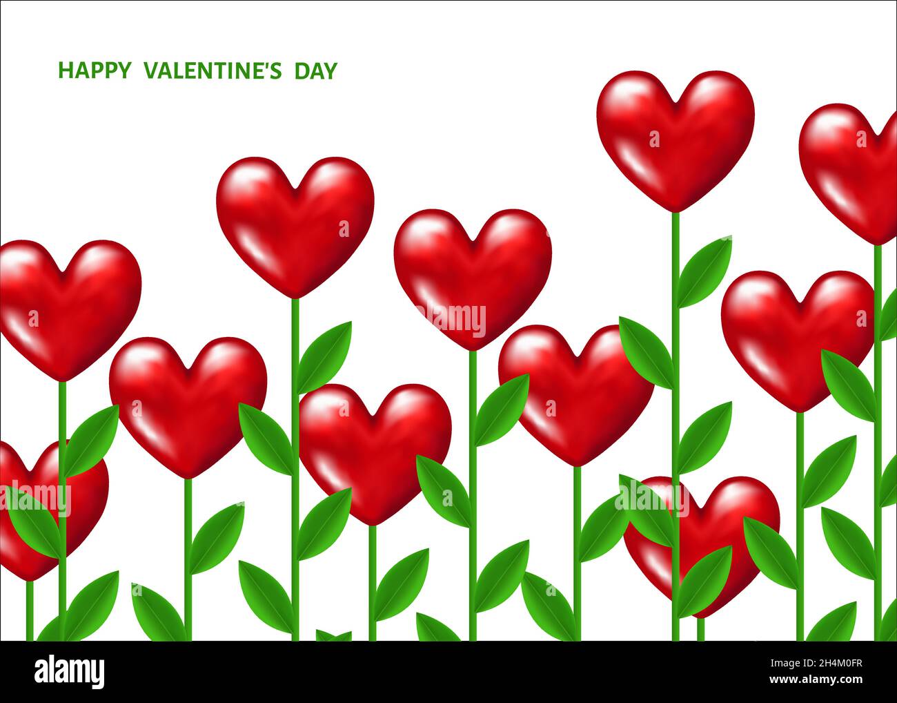 Valentinskarte mit roten realistischen Blüten in Herzform mit grünen Stielen und Blättern auf weißem Hintergrund. Liebe. Unkrautverzierung. Stock Vektor