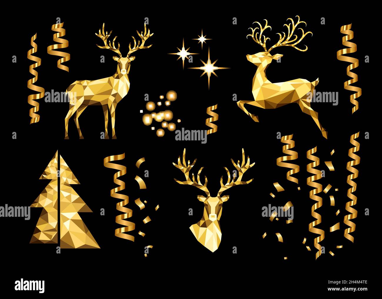 Weihnachtskollektion mit goldenen dekorativen Designelementen. Polygonale Goldrentiere, leuchtende Lichteffekte, Serpentin und Weihnachtsbaum auf schwarzem Hintergrund Stock Vektor