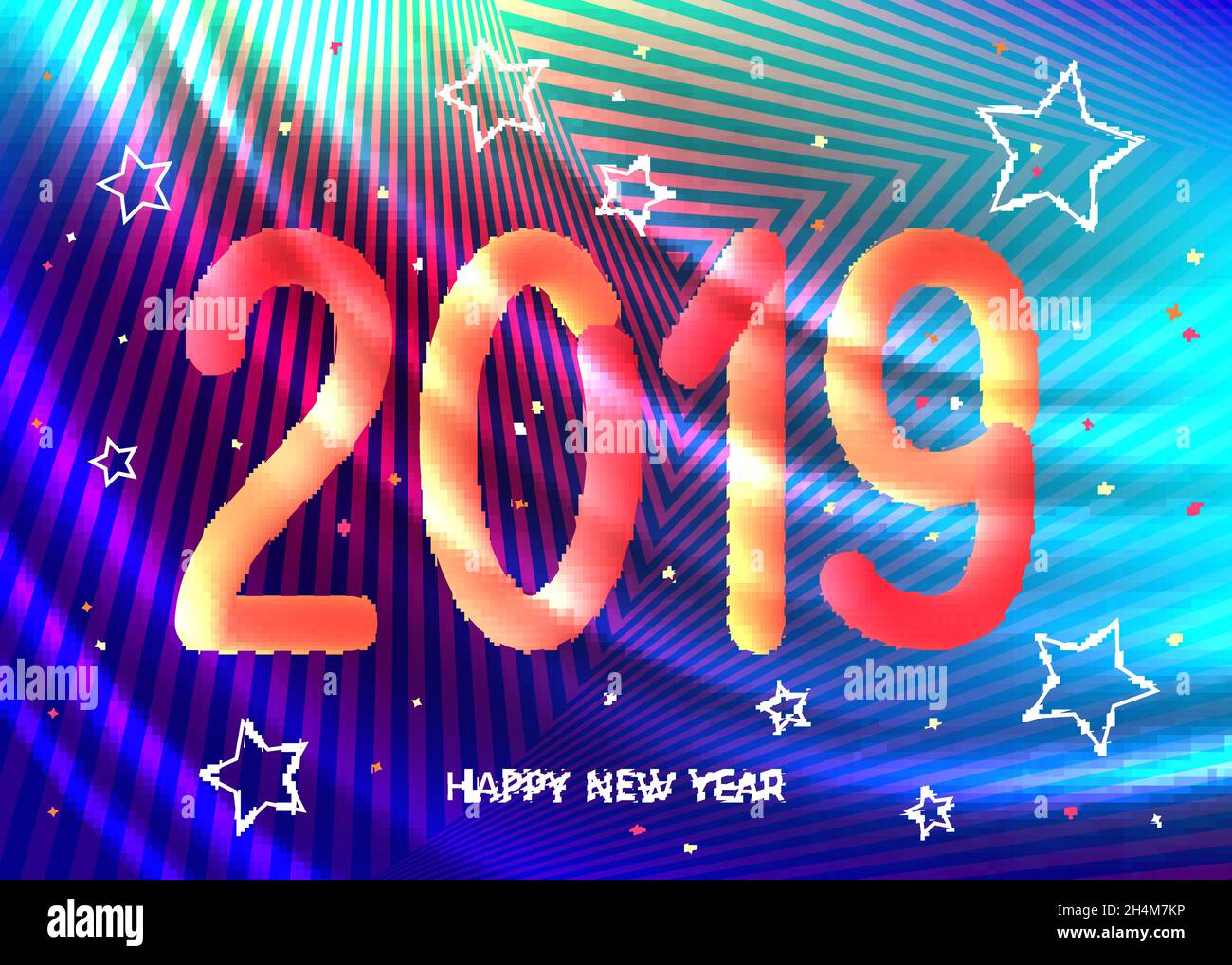 2019 Neujahr abstrakter geometrischer Hintergrund in trendiger ultravioletter Farbe mit Sternenhimmelmuster und orangefarbener Zahl. Moderne, violette, neongestreifte Kulisse. Futuri Stock Vektor