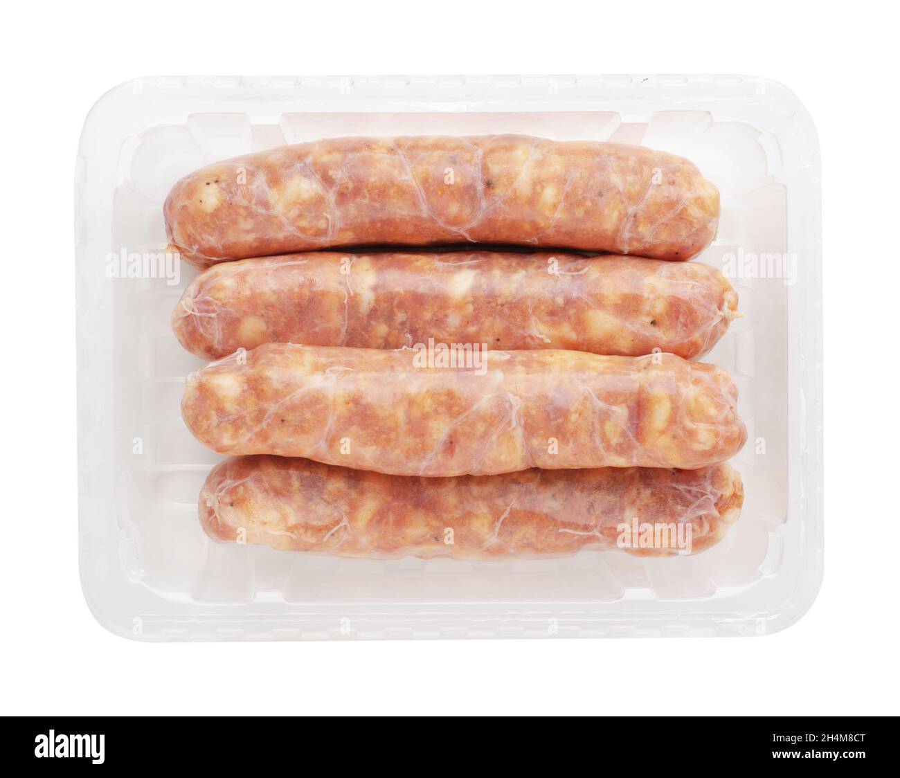 Schweinewürste in einem Kunststoffbehälter isoliert auf weißem Hintergrund Stockfoto