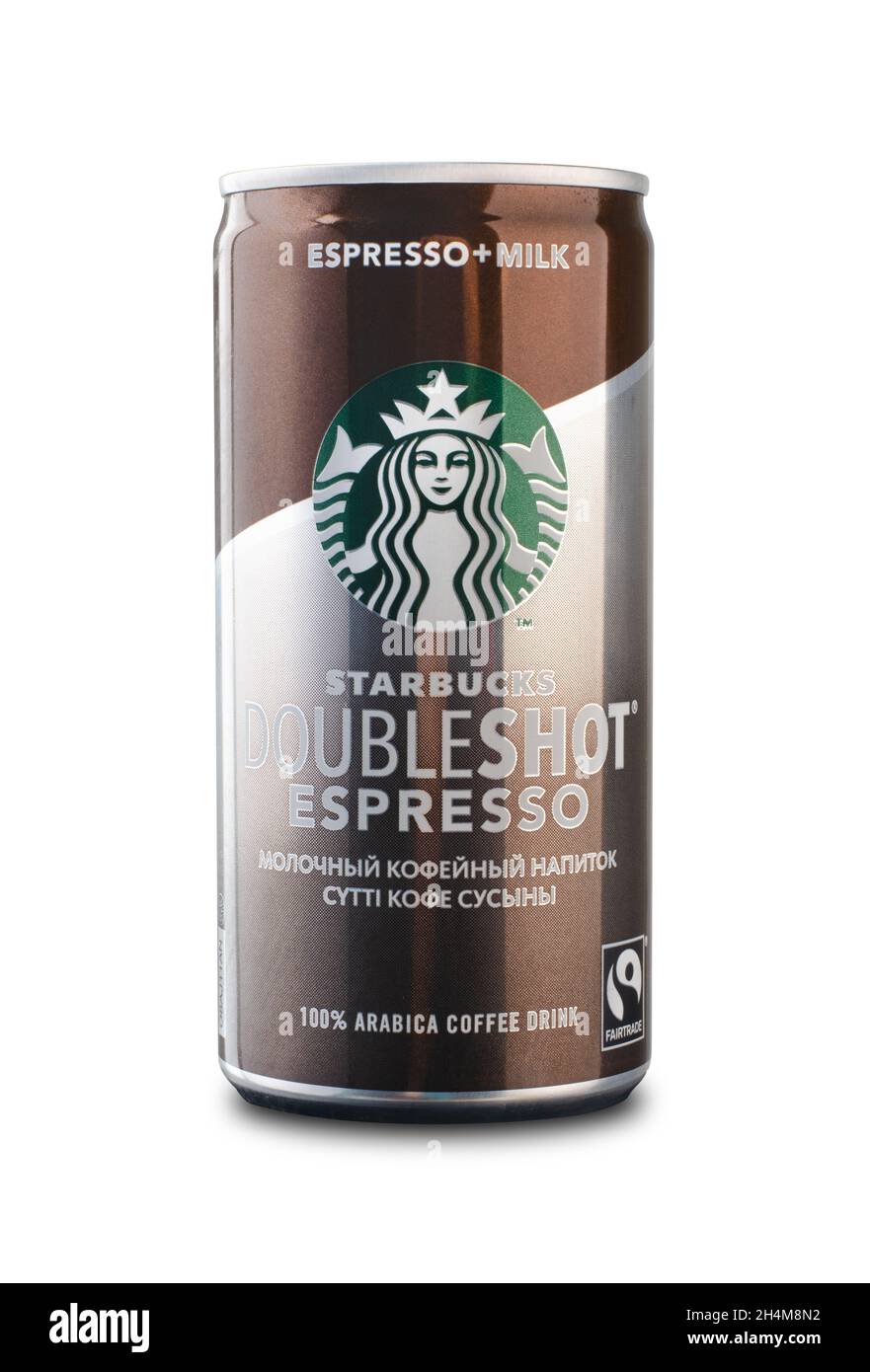 Russland Moskau - 27. Mai 2020: Eine Dose Starbucks doubleshot in Espresso- und Rahm-Geschmack auf einem isolierten auf weißem Hintergrund. Stockfoto