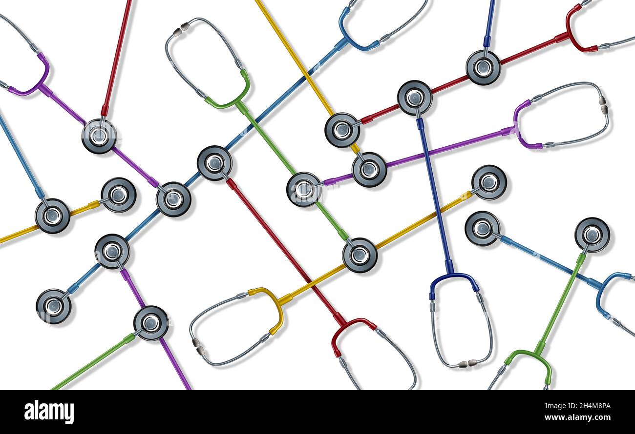 Das Gesundheitssystem-Netzwerk oder telemedizinische verbundene Ärztedienste als eine Gruppe von Stethoskop-Krankenhausgeräten, die für die globale Gesundheitsversorgung miteinander verbunden sind. Stockfoto