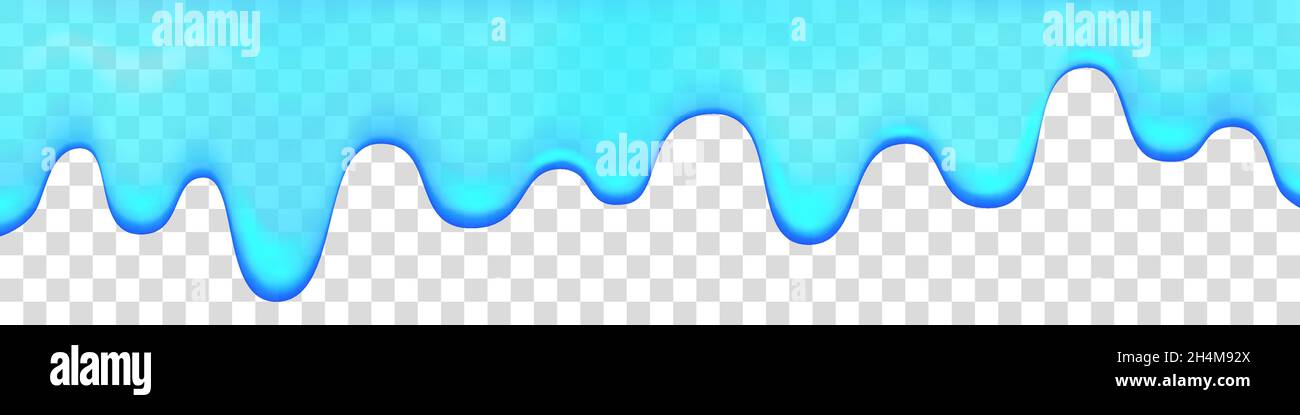 Tropfendes Wasser auf transparentem Hintergrund isoliert. Blaue Farbe. Schleim. Tropffreier realistischer Vektorhintergrund. Stock Vektor