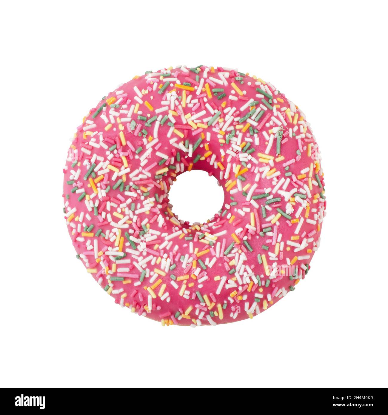 Rosa Donut dekoriert mit bunten Streuseln auf weißem Hintergrund. Flach. Ansicht von oben Stockfoto