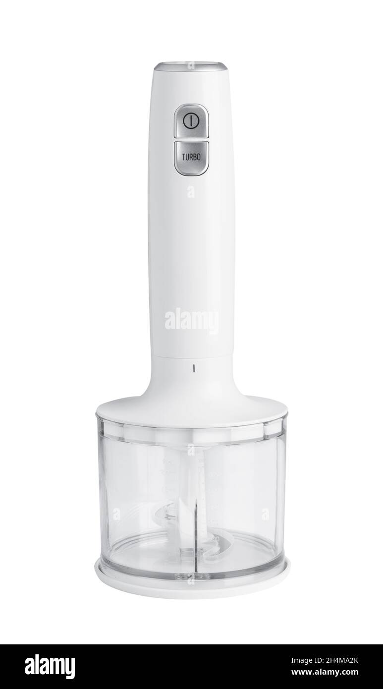 Elektrisches Hand Mixer und Geschirr isoliert auf weißem Hintergrund Stockfoto