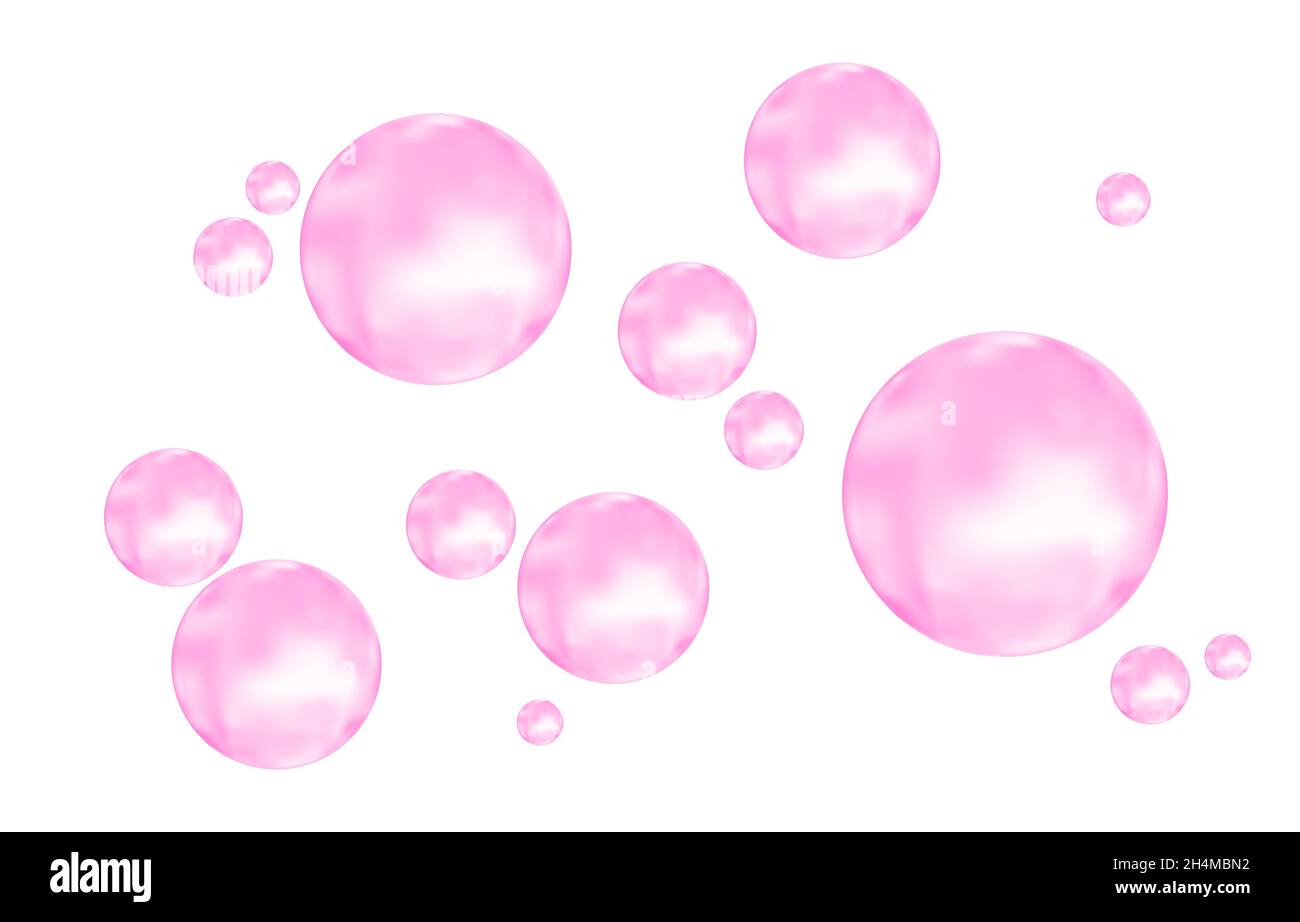 Fizz. Pinke Luft- oder Wasserblasen auf weißem Hintergrund. Spritziges Funkeln. Gummi. Vektorstruktur. Stock Vektor