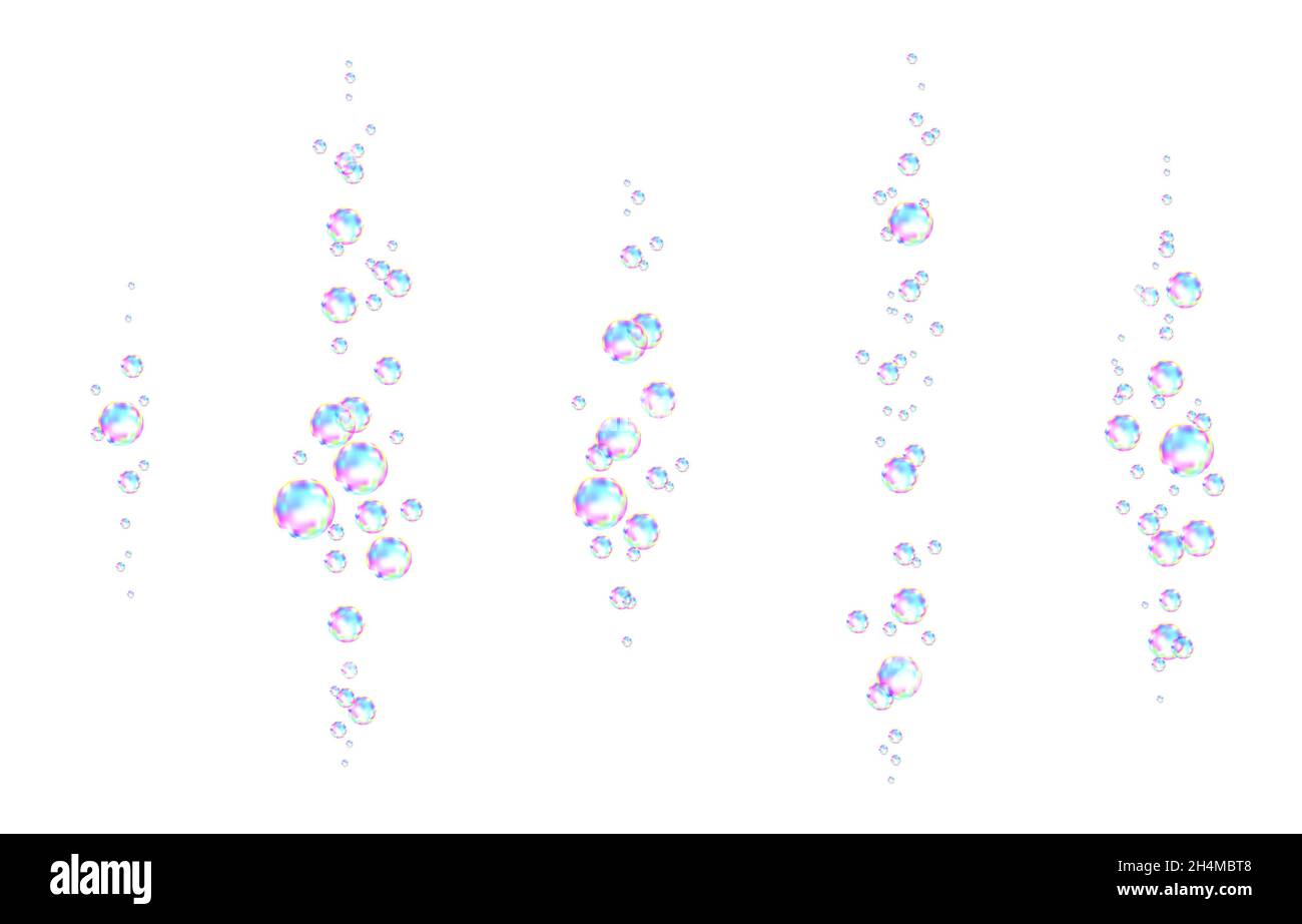 Realistische transparente bunte Seifenblasen mit Regenbogenreflektion isoliert auf weißem Hintergrund. Vektorstruktur. Stock Vektor