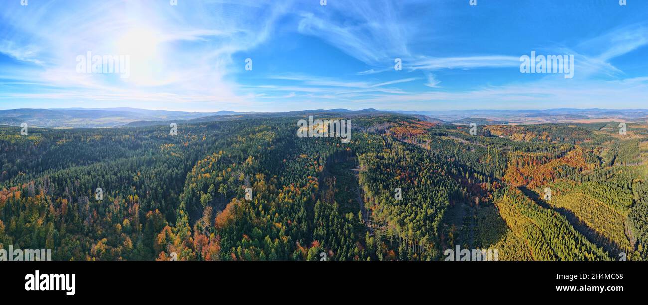 Berge bedeckt mit herbstfarbenem Wald, Luftaufnahme. Schöne Naturlandschaft Panorama Stockfoto