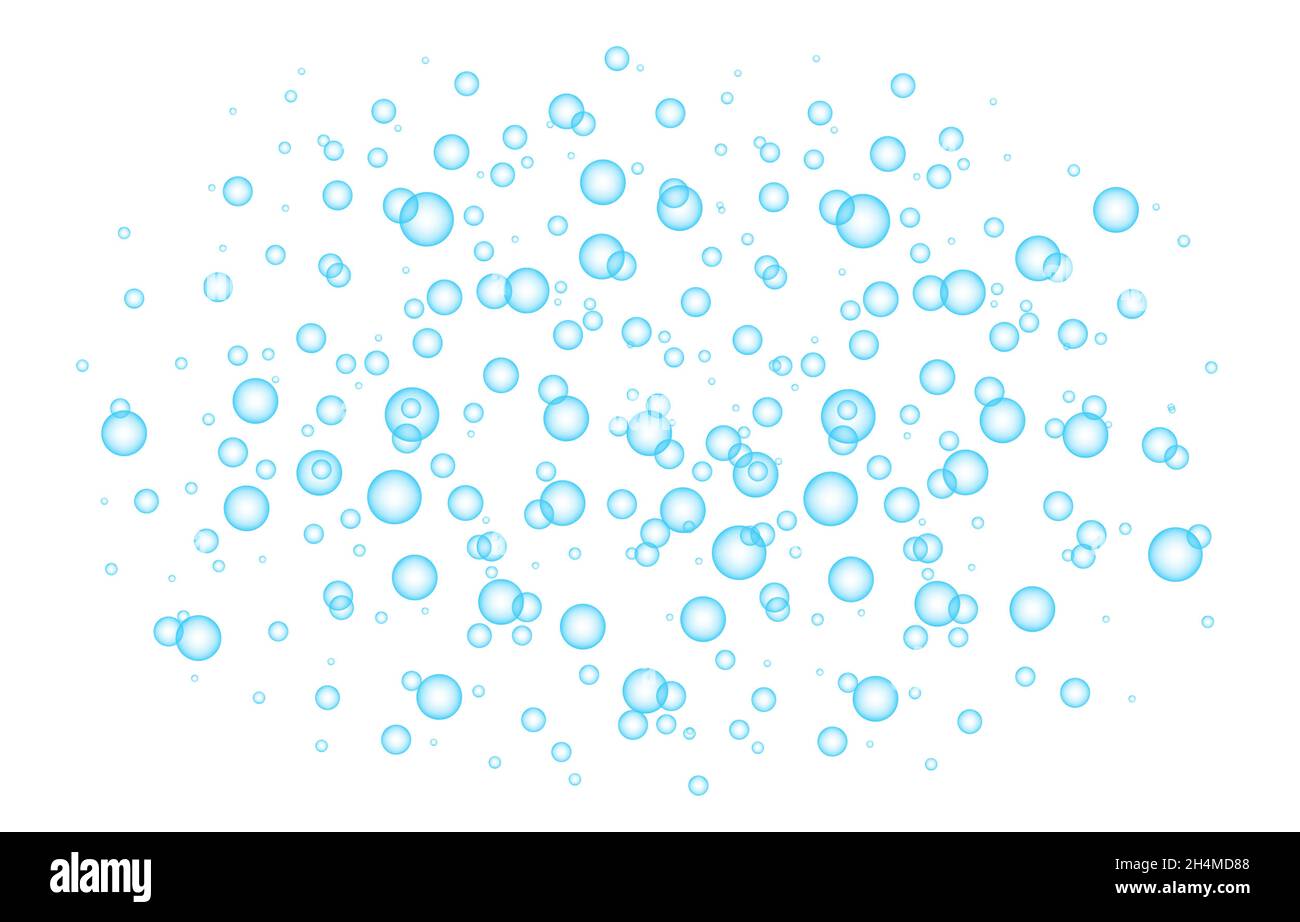 Fizz. Unterwasserblau zischende Luft, Wasser- oder Sauerstoffblasen auf weißem Hintergrund. Spritzig funkelt im Meer, Aquarium. Vektorstruktur unter Wasser. Stock Vektor