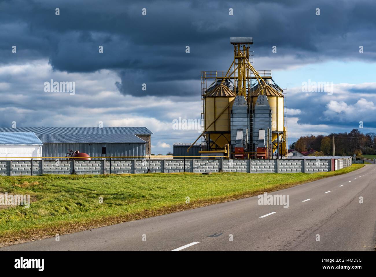 Moderne Getreideaufzug- und Saatgutreinigungslinie in Silbersilos auf der Agro-Verarbeitungs- und Fertigungsanlage zur Lagerung und Verarbeitung Trocknungsreinigung o Stockfoto