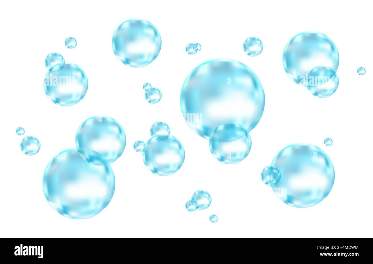 Unter Wasser fizzende Luft, Wasser oder Sauerstoffblasen auf weißem Hintergrund. Brausegetränk. Spritzig funkelt im Meer, Aquarium. Champagner. Sodapop. Unter Stock Vektor