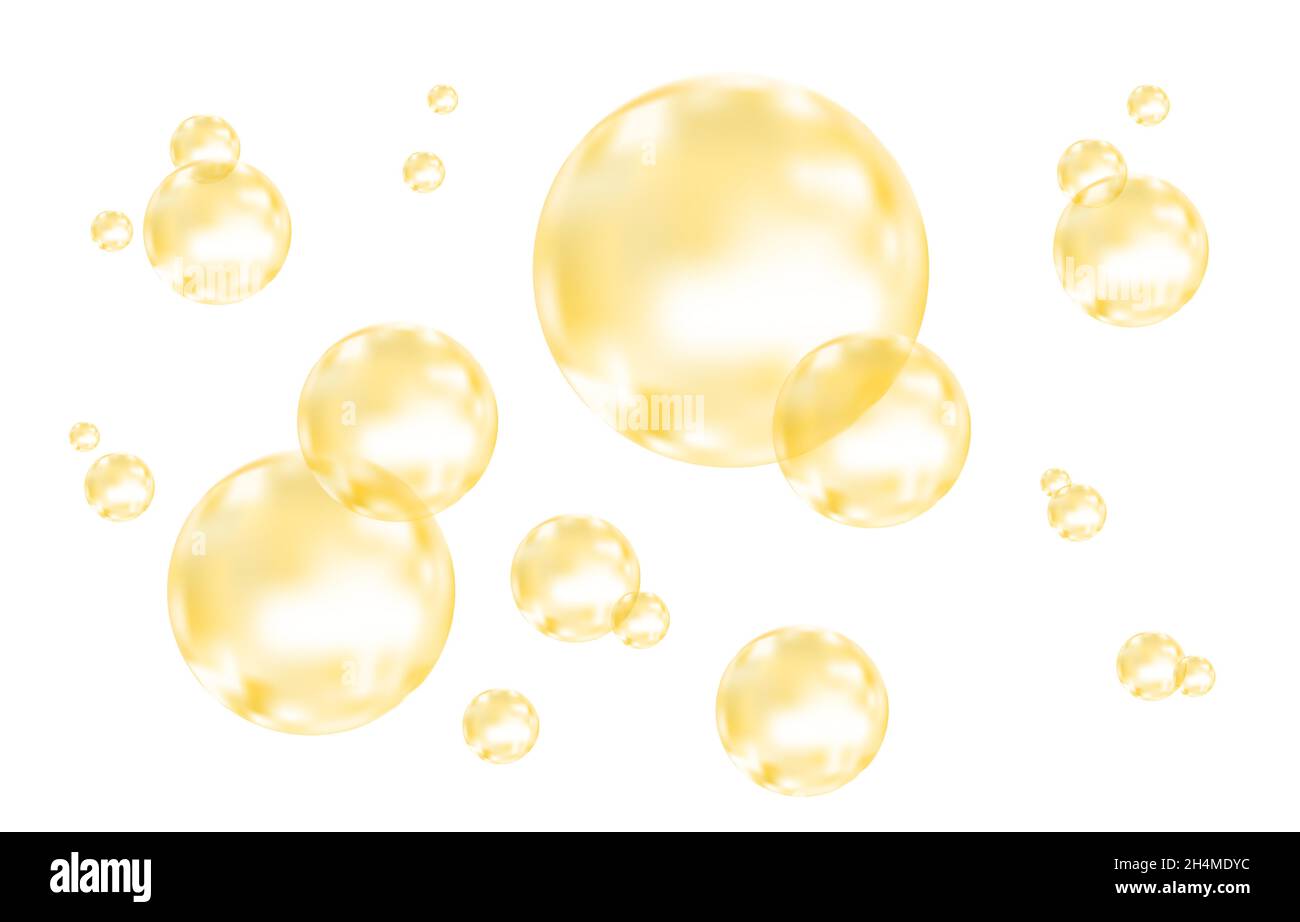 Satz realistischer Goldblasen isoliert auf weißem Hintergrund. Goldene Kugel. Vektorstruktur. Stock Vektor