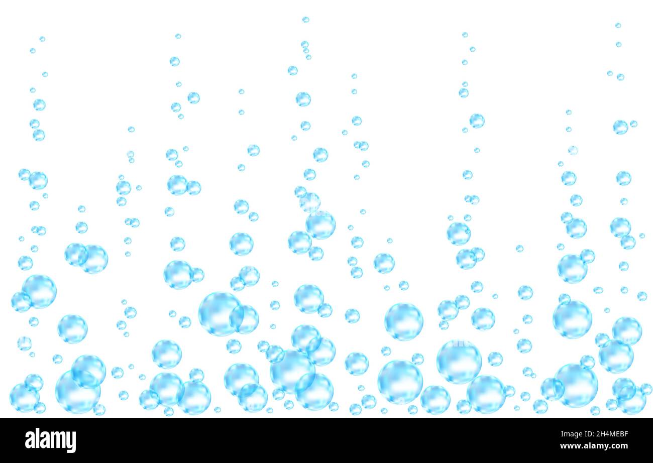 Unter Wasser fizzende Luft, Wasser oder Sauerstoffblasen auf weißem Hintergrund. Brausegetränk. Spritzig funkelt im Meer, Aquarium. Champagner. Sodapop. Unter Stock Vektor