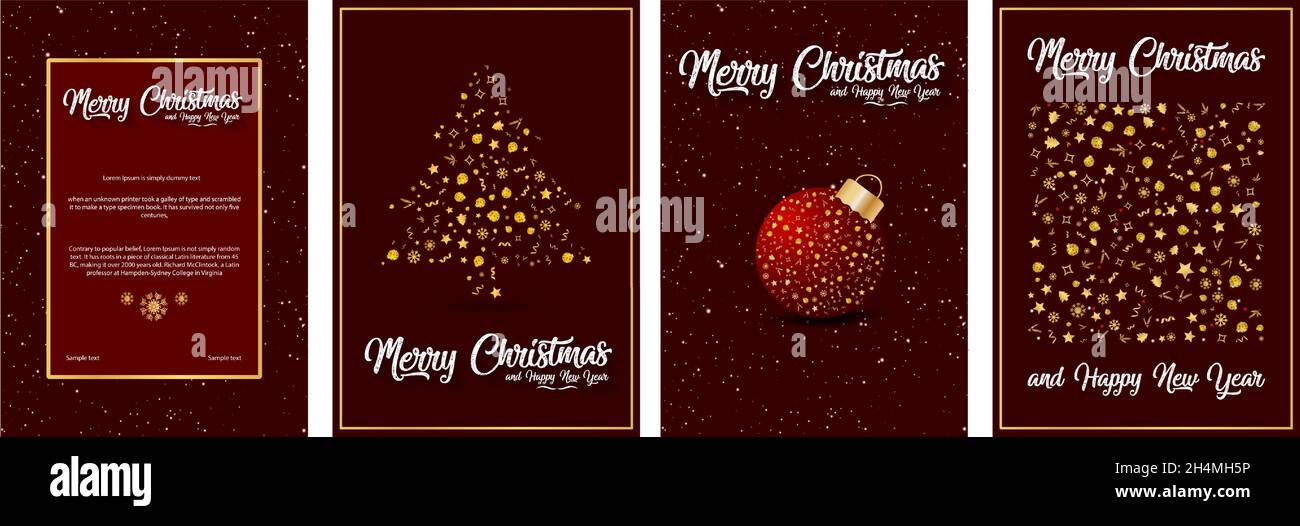 Sammlung von verschiedenen Karten und Posterdesigns für Frohe Weihnachten und Happy New Year Karten. Moderne Postkarten-Vorlagen oder Geschenkkarten. Karte für das neue Jahr Stock Vektor