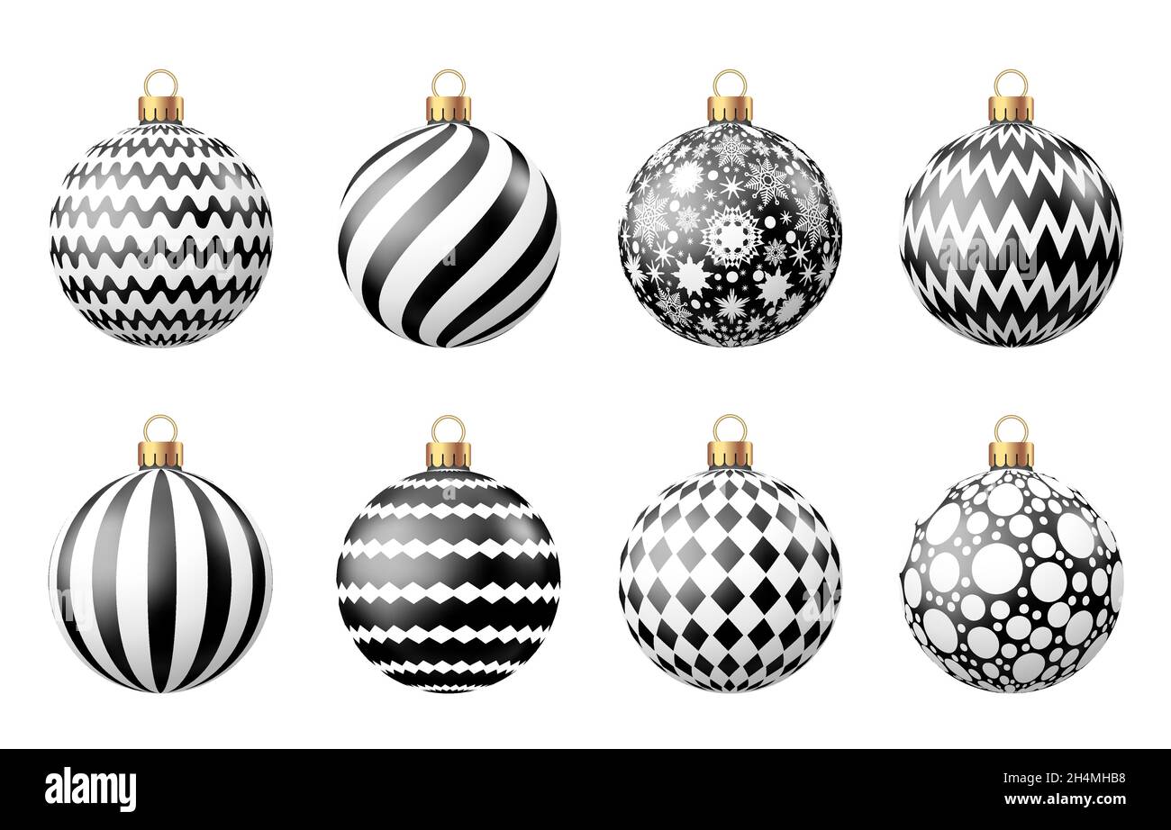 Weihnachtskugeln mit Muster isoliert auf weißem Hintergrund. Weihnachtsbaum und schwarzer Freitag Dekoration. Vektorkugel-Set Stock-Vektorgrafik