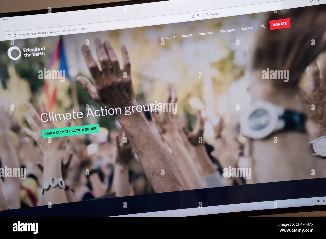 Website der Umweltkampagnengruppe „Freunde der Erde“ mit Links zu anderen Klima-Aktionsgruppen. Stockfoto