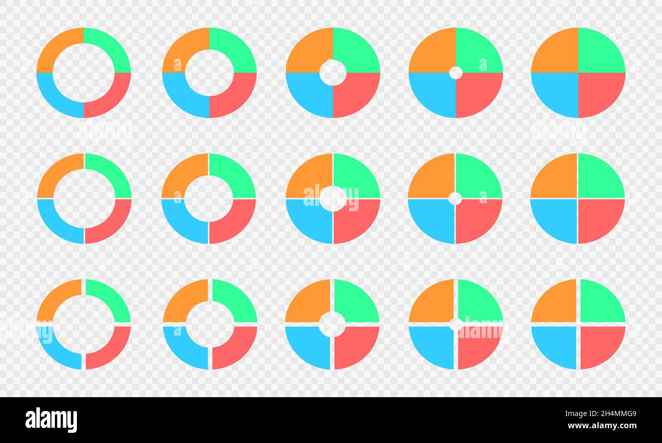 Torten- und Donut-Diagramme festgelegt. Kreisdiagramme in 4 Abschnitte unterteilt. Bunte Infografik-Räder. Runde Formen, die in vier gleiche Teile isoliert auf transparentem Hintergrund geschnitten werden. Vektorgrafik flach. Stock Vektor