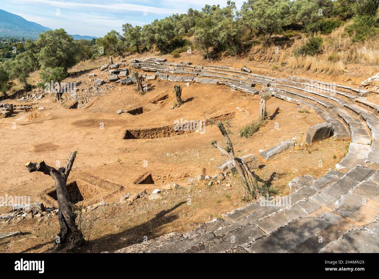 Ruiniertes Theater an der antiken Stätte Euromos in der türkischen Provinz Mugla. Sitzreihen des halbrunden Theaters wurden direkt in das Grundgestein und geschnitten Stockfoto