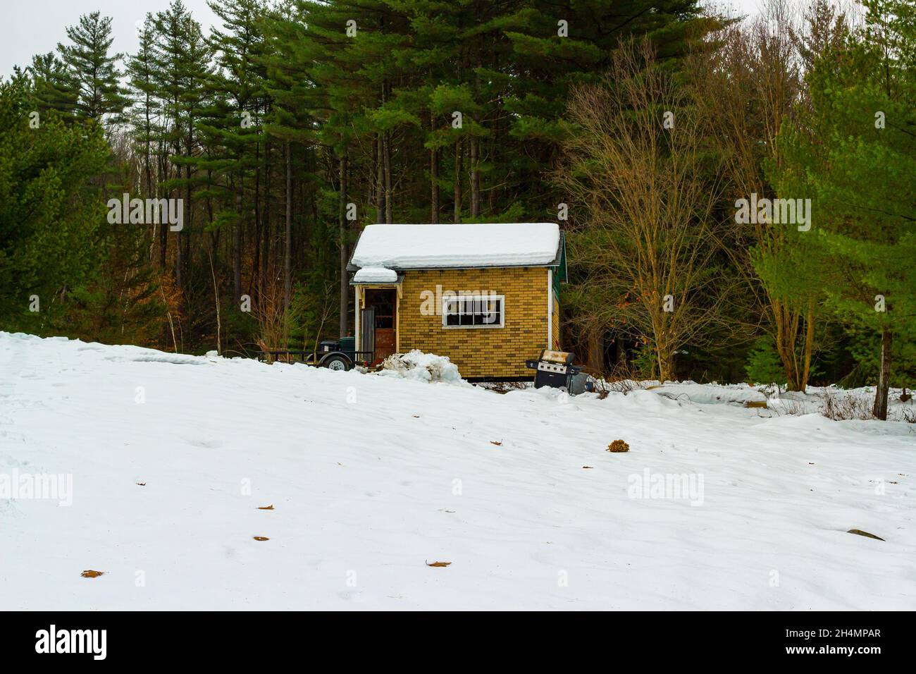 Holz haus im Winter Wald Stockfoto