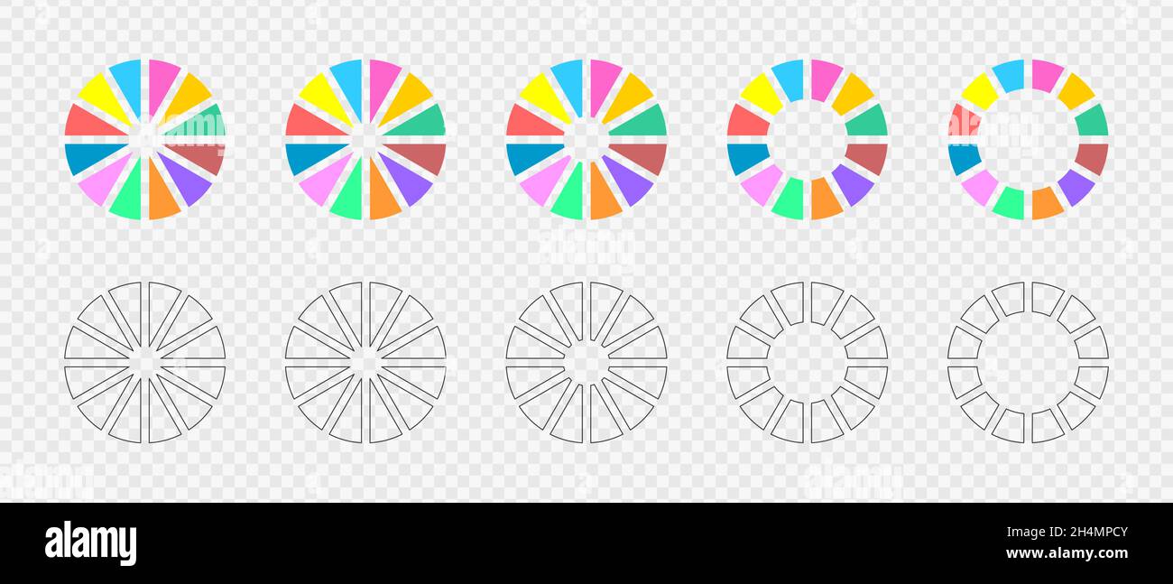 Donut-Diagramme eingestellt. Infografik-Räder in 12 mehrfarbige und grafische Abschnitte unterteilt. Kreisdiagramme oder Ladeleisten. Runde Formen in zwölf gleiche Teile geschnitten. Vektorgrafik flach und Umrissdarstellung. Stock Vektor