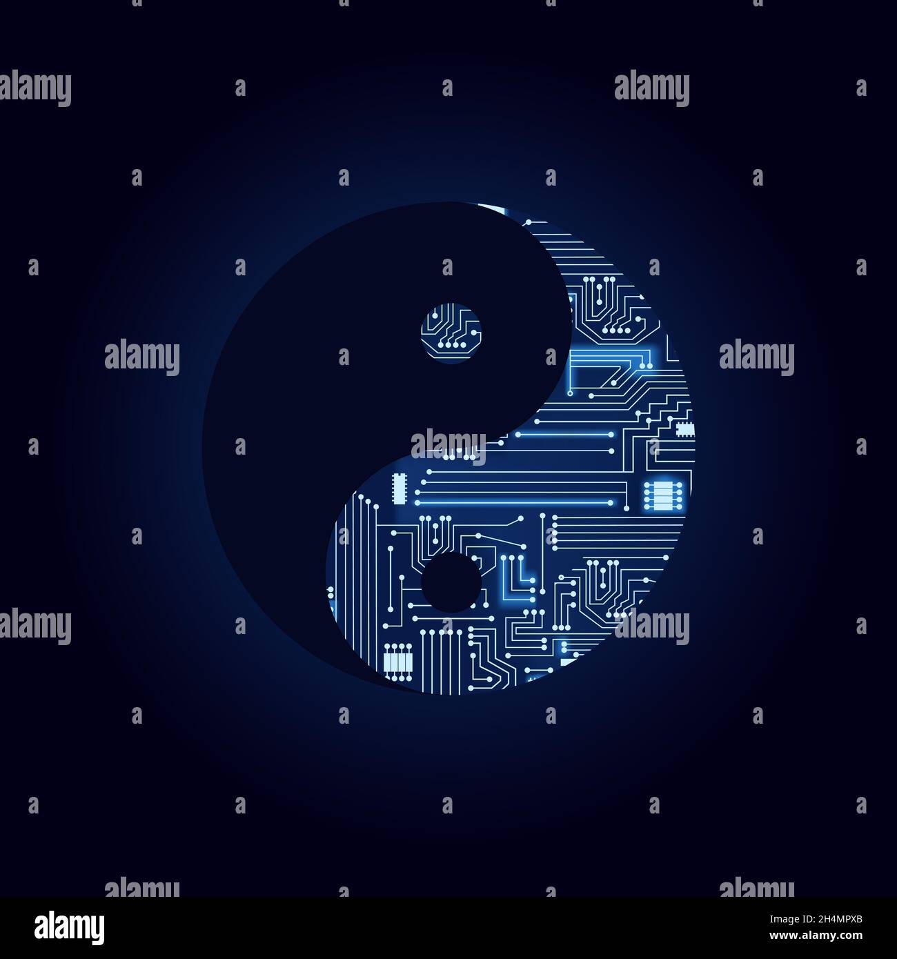 Yin Yang-Symbol mit technologischer Elektronik. Blauer Hintergrund. Stock Vektor