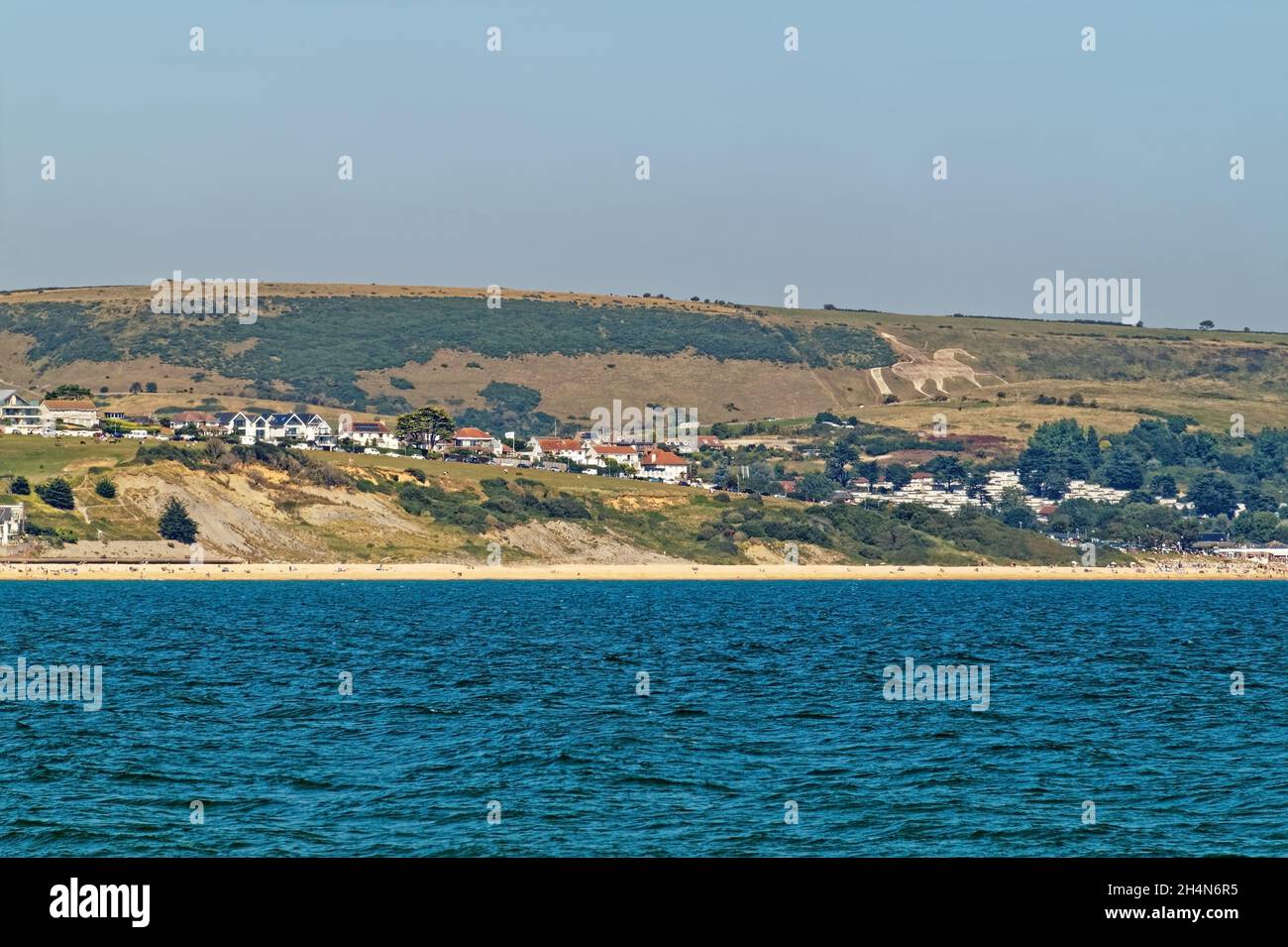 Großbritannien, Dorset, Weymouth, mit Blick auf Overcombe und Osmington White Horse. Stockfoto