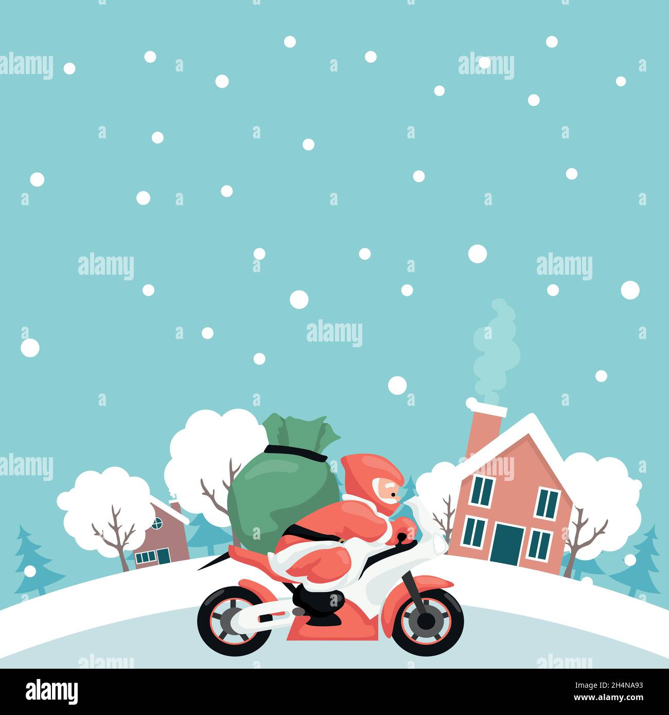 Motorrad Frohe Weihnachten Widmungskarte in einer verschneiten Stadt Stock Vektor