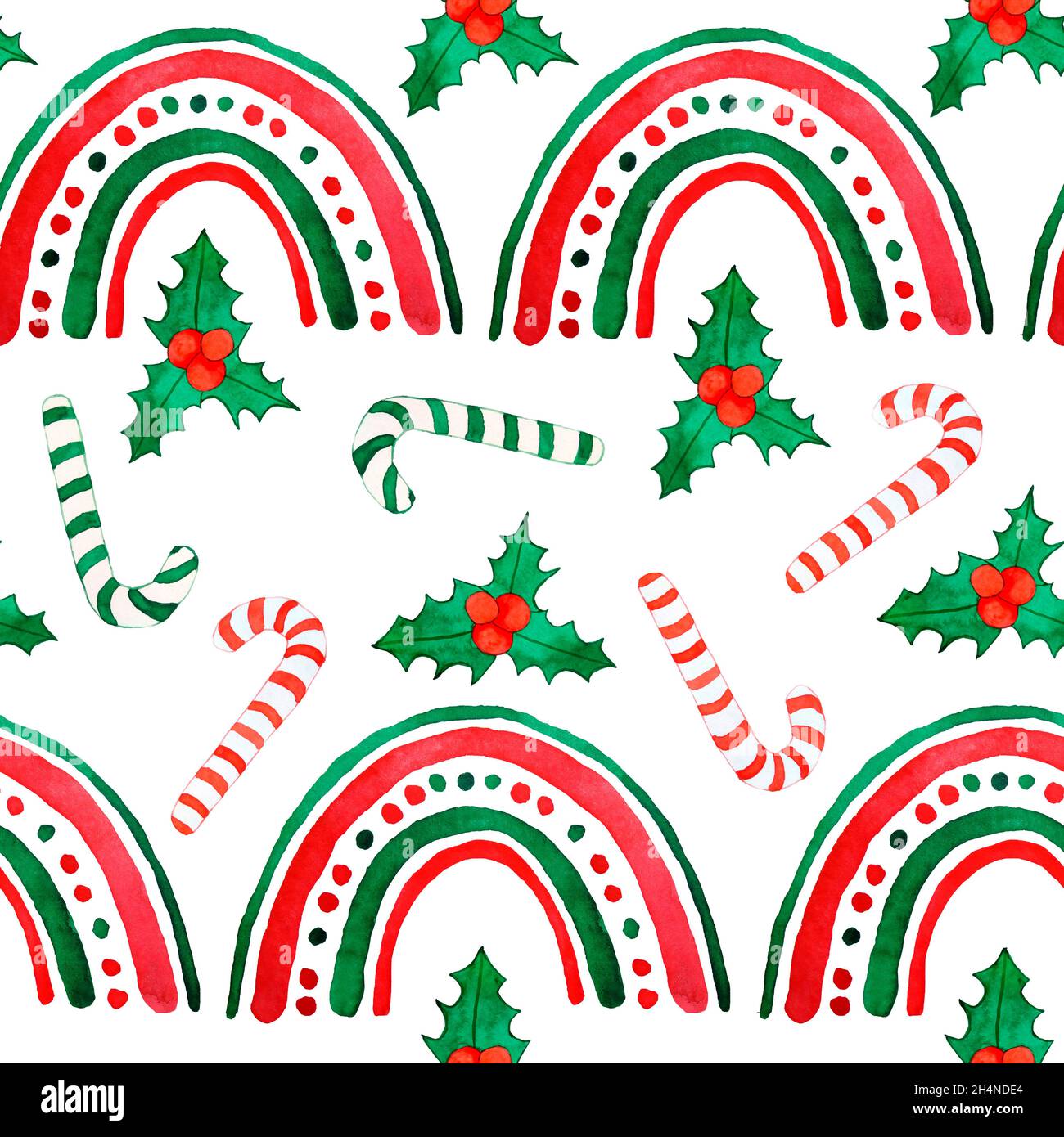 Aquarell von Hand gezeichnetes nahtloses Muster mit Boho-Regenbögen Stechpalme. Grün-rote weihnachtselemente auf weißem Hintergrund, festliche Feiertage Winterfest, lustige abstrakte traditionelle Druck Stockfoto