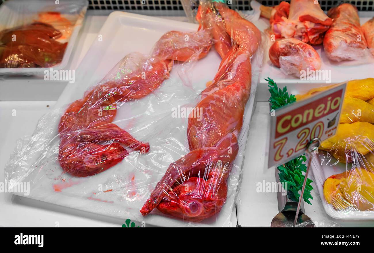 Gekleideter ganzer Hase mit einem Anhänger, der das Fleisch als Kaninchen angibt, zum Verkauf in einer lokalen Metzgerei in der Altstadt oder in Casco Viejo in Pamplona, Spanien Stockfoto