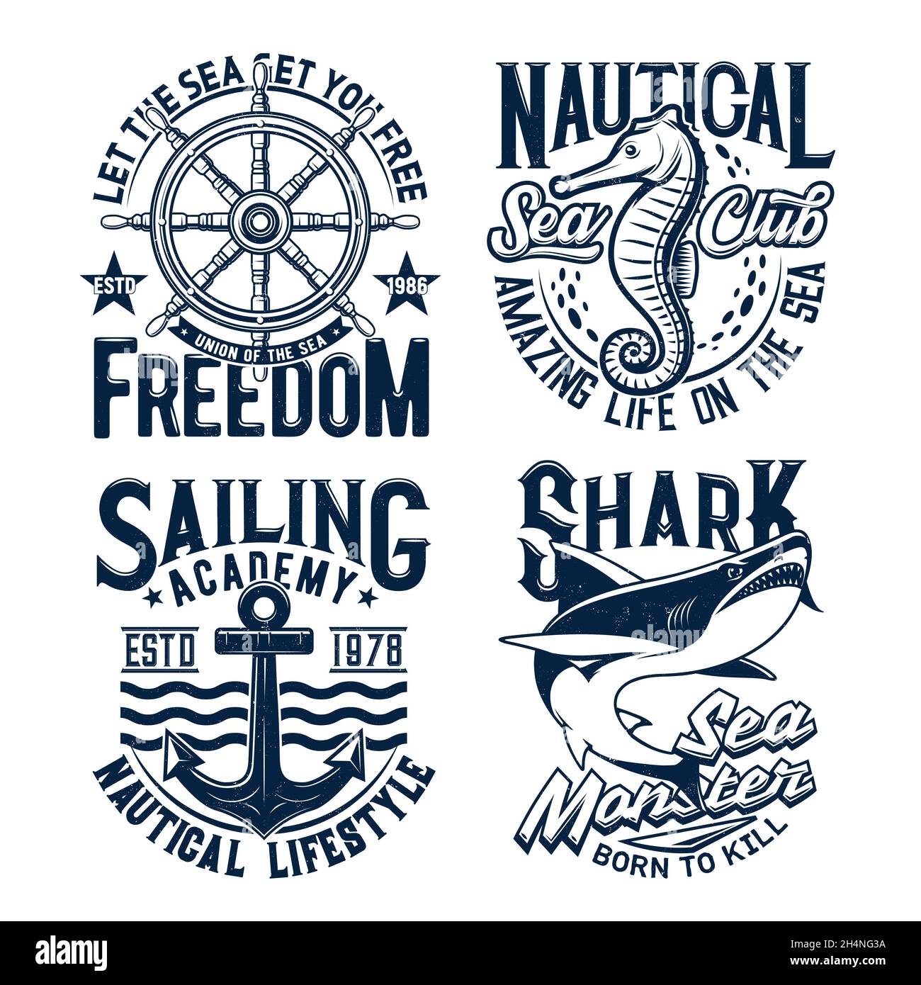 Nautische T-Shirt-Prints, Anker von Meeresseeclub-Vektorwellen und Schiffsruder. Navy Segelakademie und Seefahrer Abzeichen und Slogans mit Meer Monster s Stock Vektor