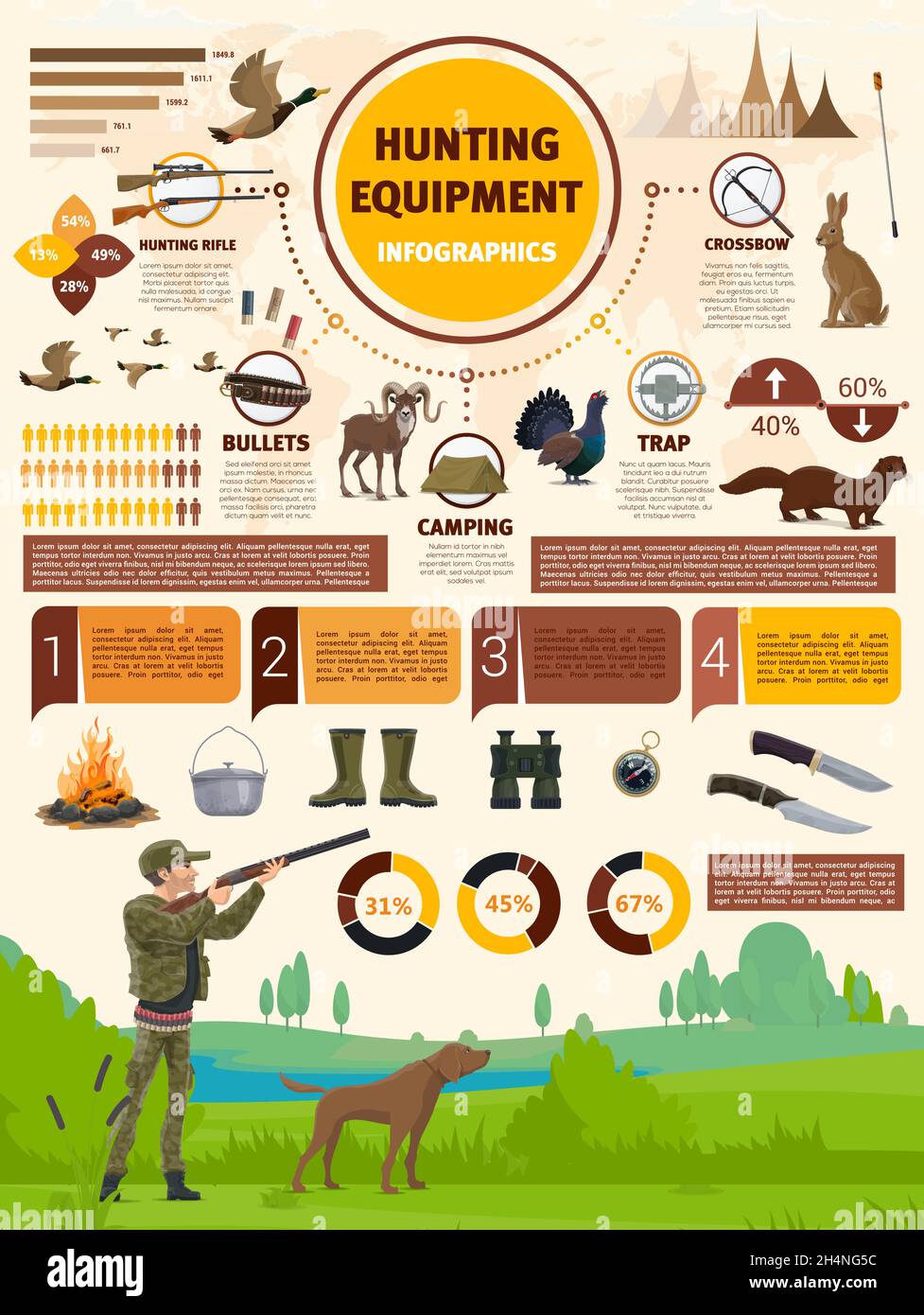 Infografiken zu Jagdausrüstung. Gewehre, Fallen, Bandolier und Armbrust, Vektorjäger Ammo Info. Jagen Sie Munitionsdiagramme und Informationstabellen oder GRA Stock Vektor