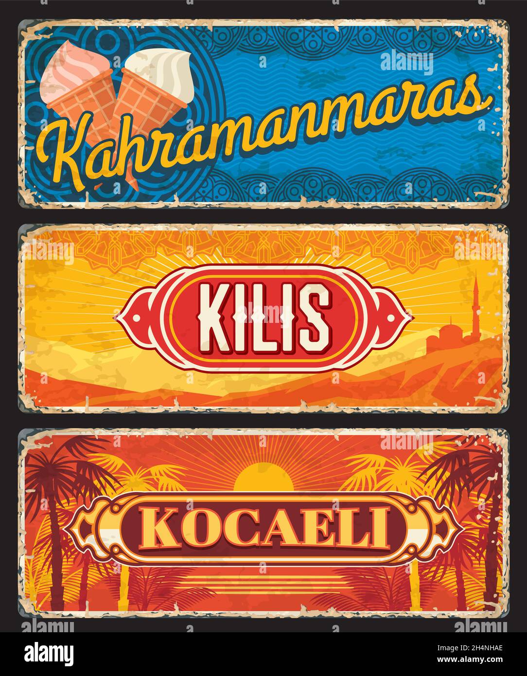 Kocaeli, Kilis und Kahramanmaras Türkei il Provinzen Vektor-Zeichen. Türkisch il Provinzen Gepäckanhänger oder Stadt Willkommenschilder von grunge Zinn Metall Zeichen w Stock Vektor