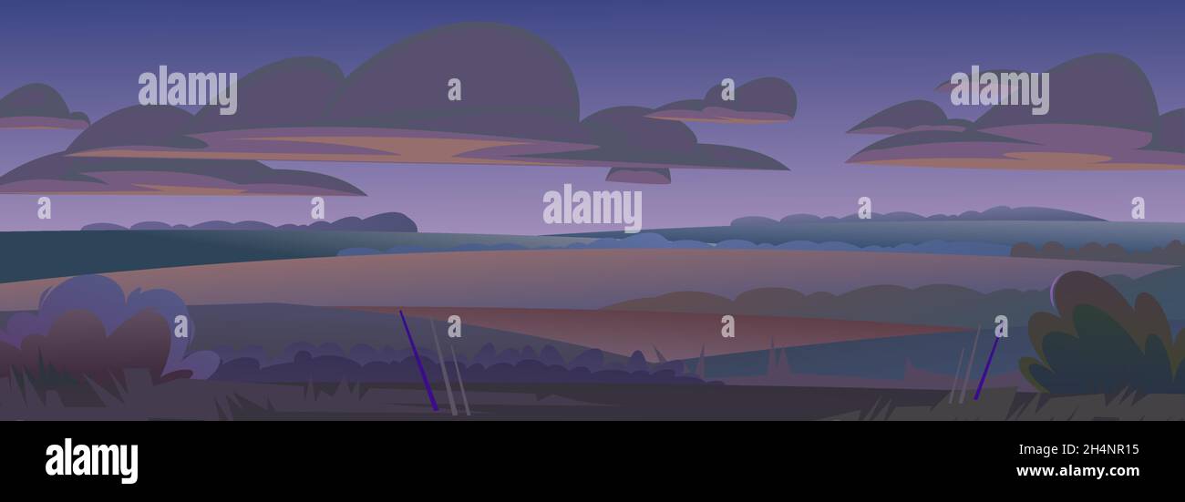 Nachts ländliche Landschaft. Die Sonne ist vor kurzem abends untergegangen. Blick auf Felder und Hügel des Bauerngartens. Flaches Cartoon-Design. Wunderschöne dunkle Vorstadtszene Stock Vektor